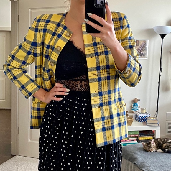 🍁Bright yellow Checkered Wool Jacket - Picture 8 of 13